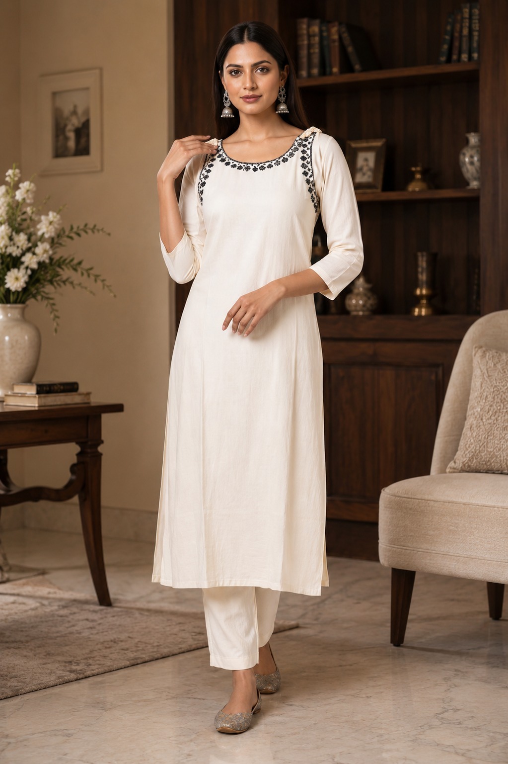 White Green Embroidered Set